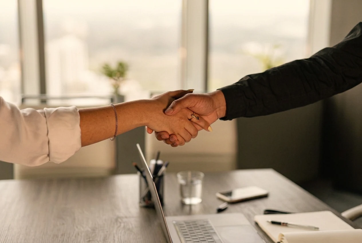 A handshake across a desk, the handoff to the sales team